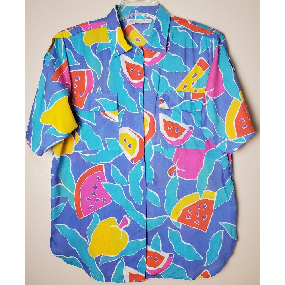 Vintage Laura Jayne Citrus Tropical Fruit Hawaiian Shirt 14 Beach 90s Maximalist